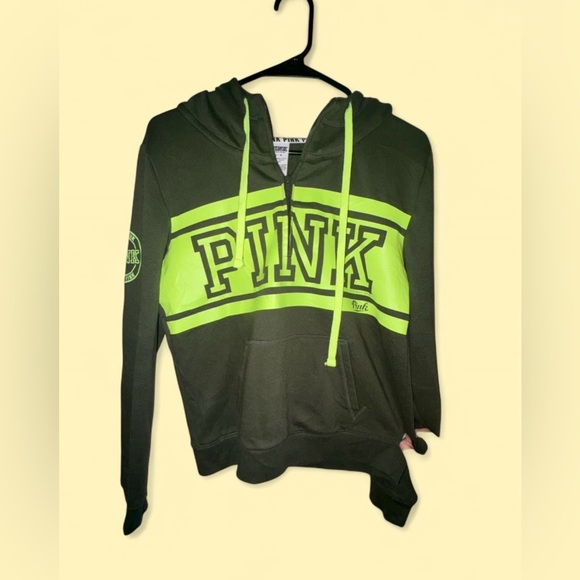 PINK Victoria's Secret Tops - PINK Victoria’s Secret Neon Green Logo Half Zip Hoodie Size Medium